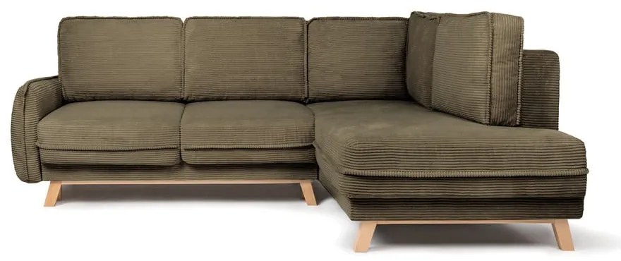 Divano angolare verde allungabile (con penisola a destra) con rivestimento in velluto a coste Tori – Bonami Selection