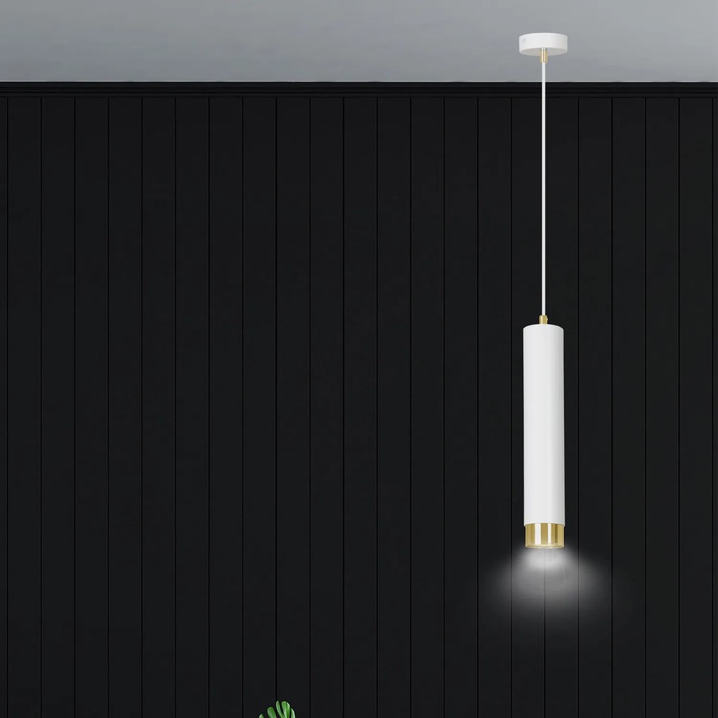 Sospensione 1 Luce Brunilde In Acciaio Bianco Con Tubolare In Bianco E Oro