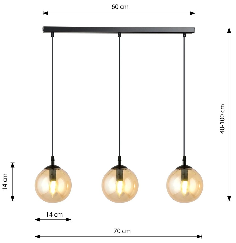 Sospensione Moderna 3 Luci Cosmo In Acciaio Nero E Sfere In Vetro Ambra