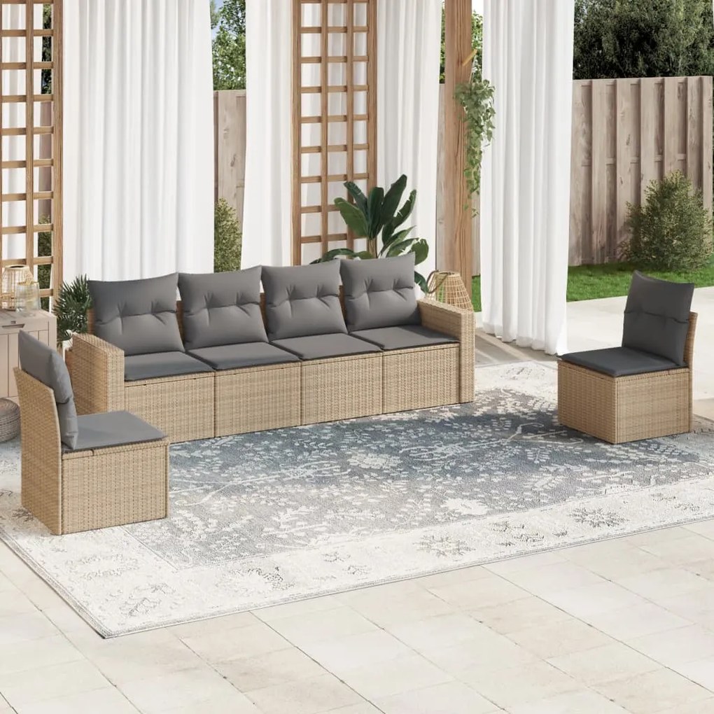 Set Divano da Giardino 6 pz con Cuscini Beige in Polyrattan