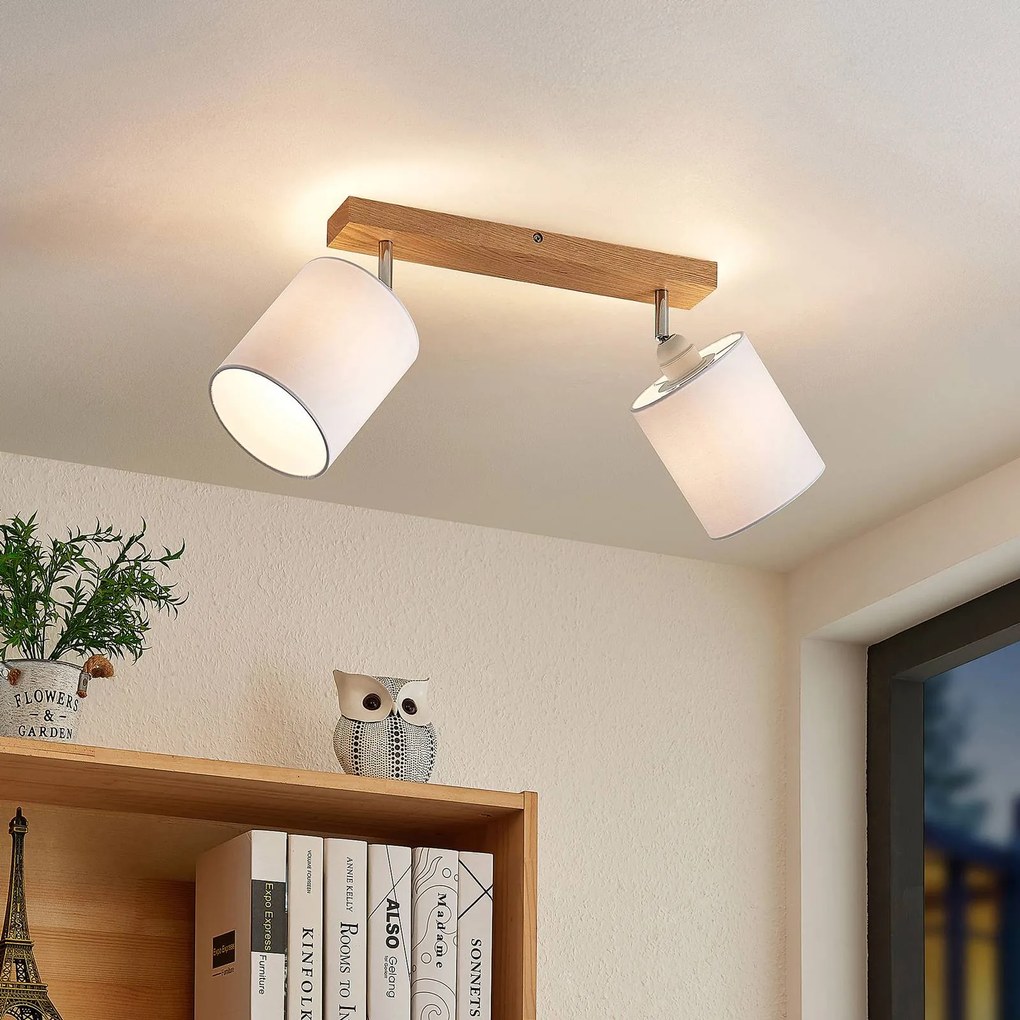 Lindby Imarin fatto da soffitto, a 2 luci, rovere/bianco Lindby, dimmerabile, Legno chiaro, Soggiorno / Sala da pranzo, Legno, Scandinavo, Faretto
