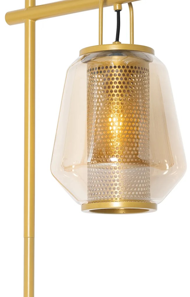 Lampada da terra Art Déco dorata con vetro ambrato - Kevin