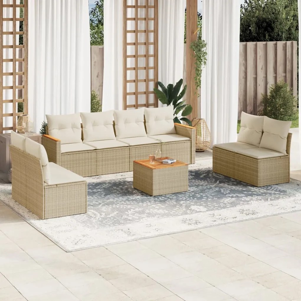 Set Divano da Giardino 9 pz con Cuscini Beige in Polyrattan