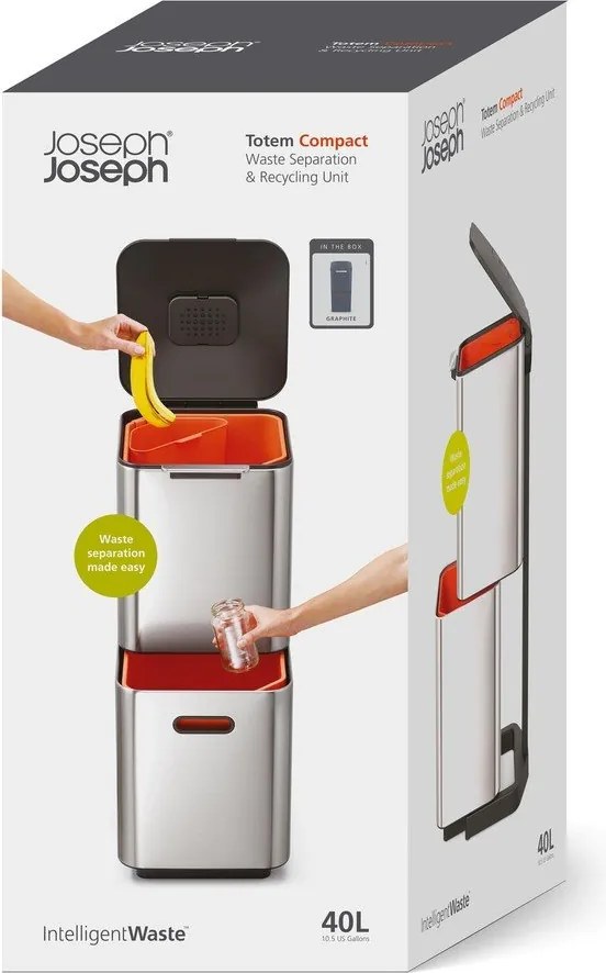 Bidone in acciaio grigio per rifiuti differenziati 40 l Totem Compact - Joseph Joseph