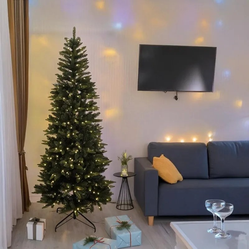 Albero di Natale artificiale slim prelit H 210 cm x  ø 92 cm 400 led bianco caldo