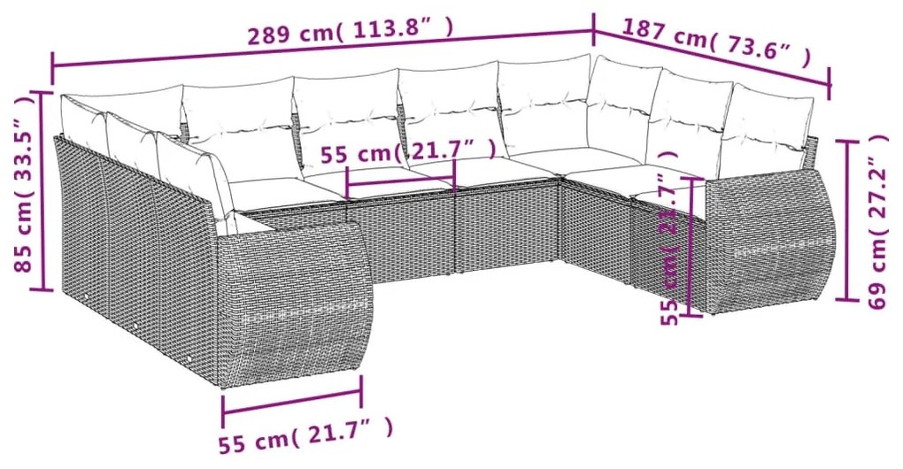 Set Divani da Giardino 9 pz con Cuscini Nero in Polyrattan