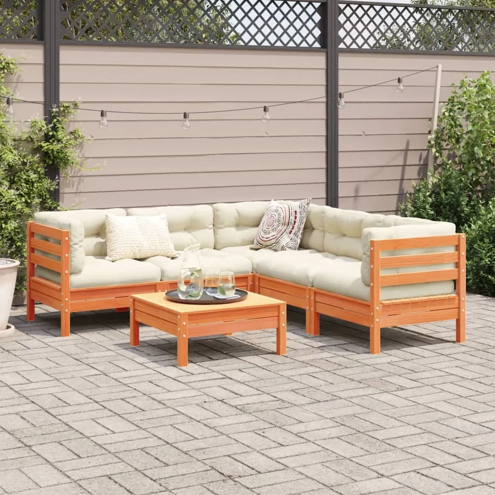 Set divani giardino 6pz con cuscini marrone cera massello pino