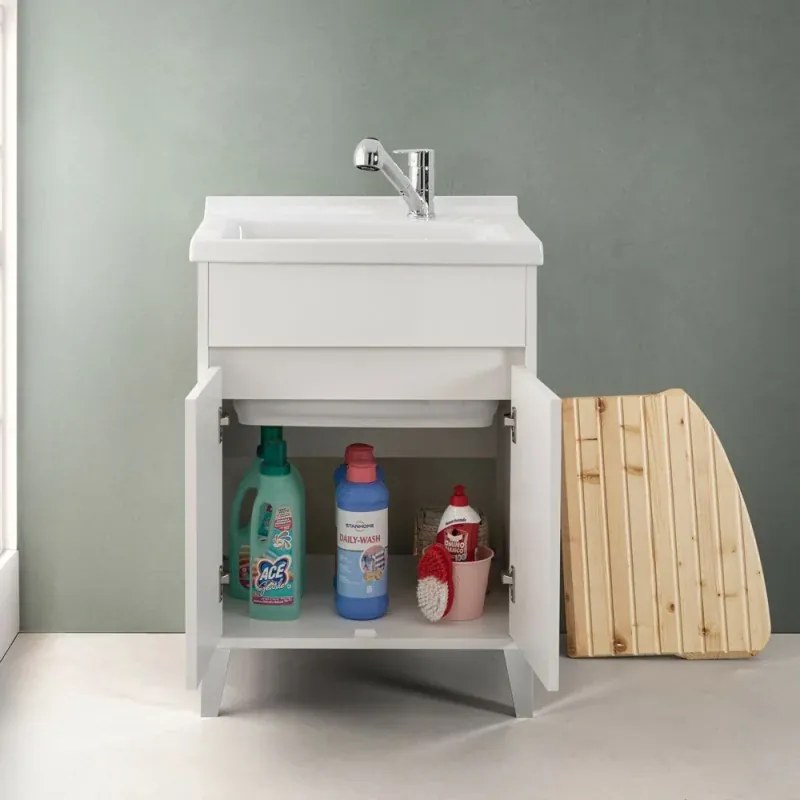 Mobile lavatoio 60x50 bianco lucido Way con vasca in ceramica Dolomite