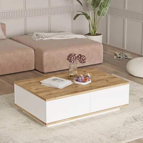 Composizione Da Soggiorno Mobile TV Con Tavolino E Madia Bianco E Rovere Frame