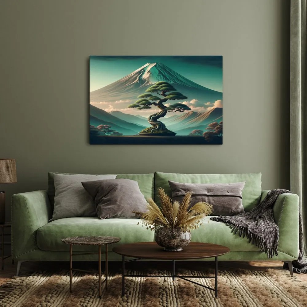 Quadro su tela – Bonsai e montagna in stile giapponese