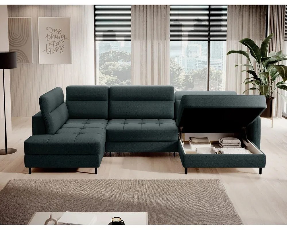 Divano angolare verde allungabile/con contenitore (con penisola a sinistra/a U) e rivestimento in velluto Berrto – ELTAP