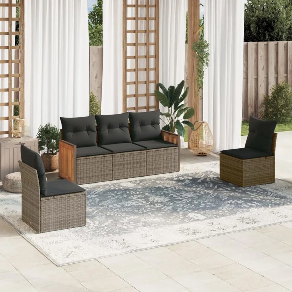 Set divano da giardino 5 pz con cuscini grigio in polyrattan