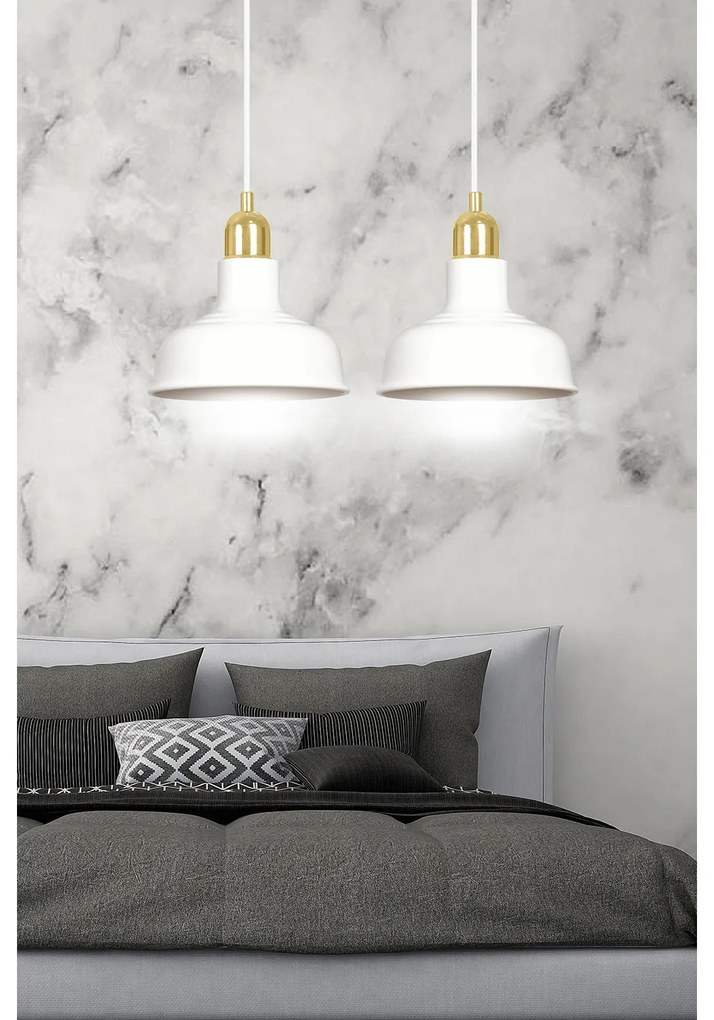 Lampadario Industrial 2 Luci Kubera In Acciaio Bianco Con Elementi In Oro