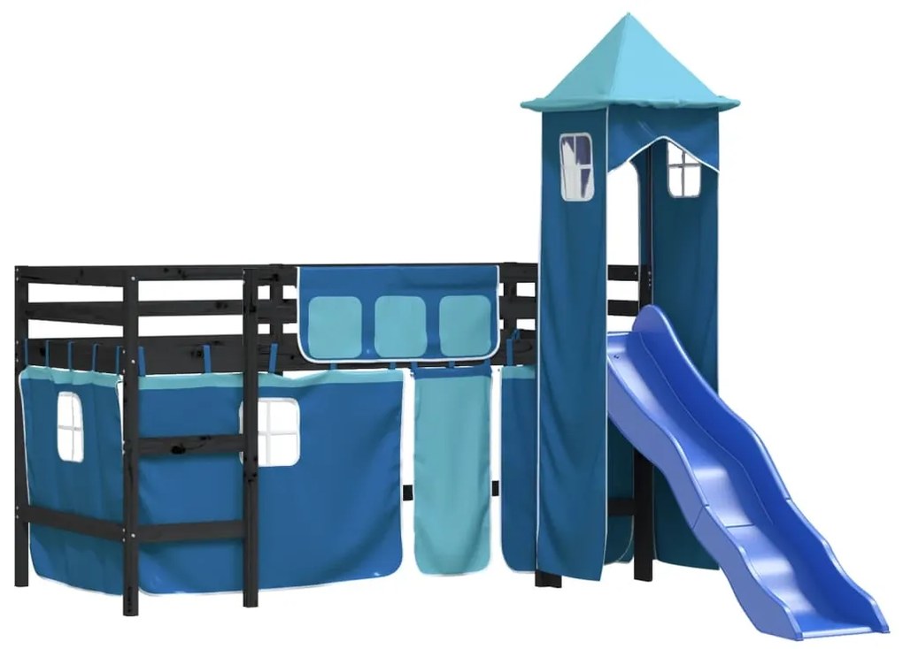 Letto a soppalco con torre bambini blu 80x200cm massello pino