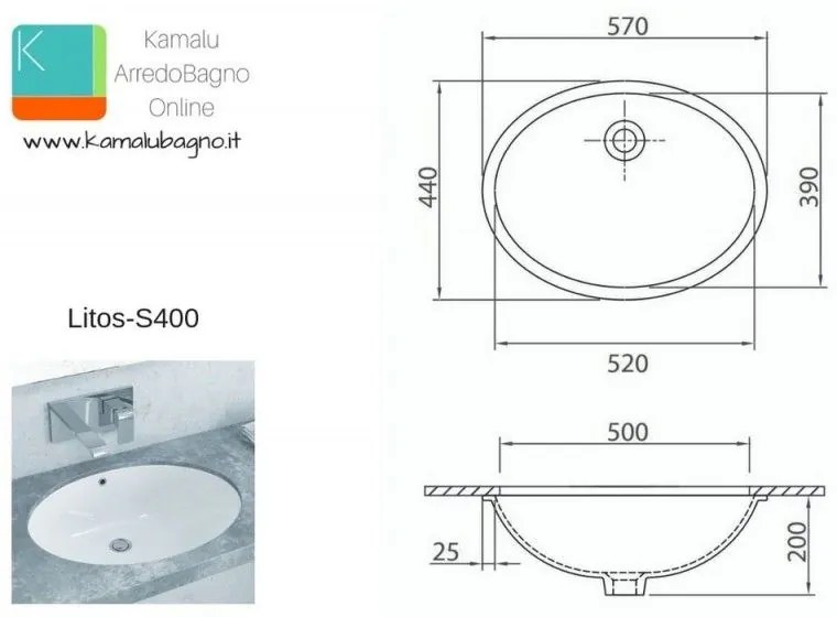 Kamalu - lavabo sottopiano incasso 57cm litos-s400