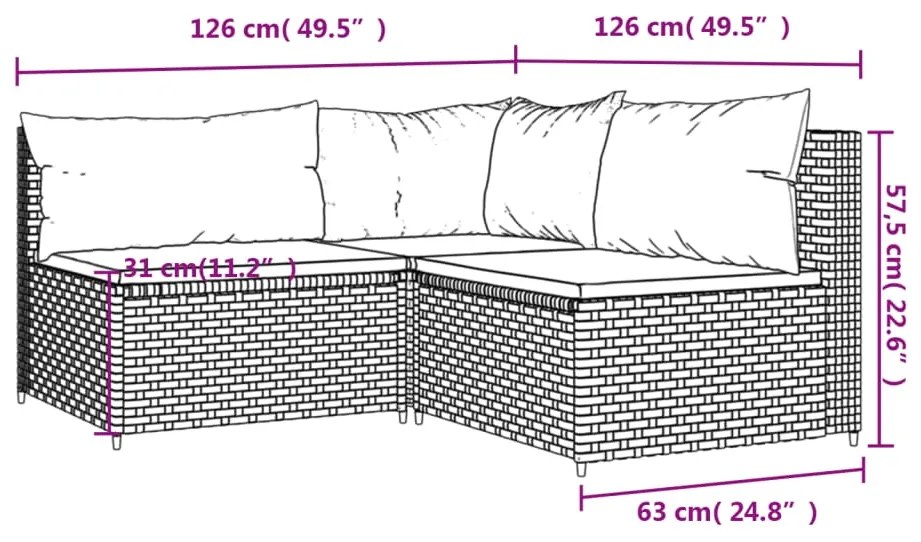 Set Mobili da Giardino 3 pz con Cuscini in Polyrattan Marrone