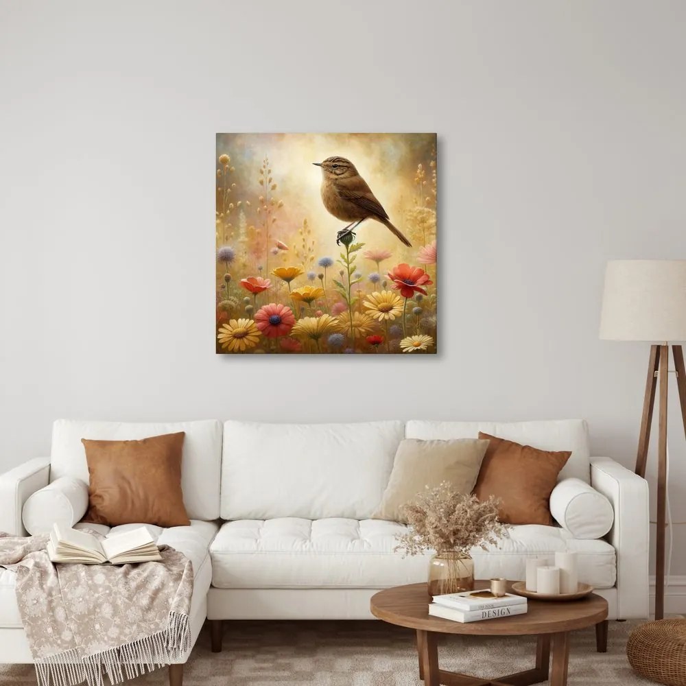 Quadro su tela – Uccellino tra i fiori del prato