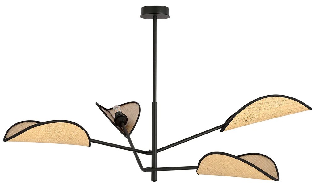 Lampadario 4 Luci Eridano In Acciao Nero E Rattan Con Bracci Mobili