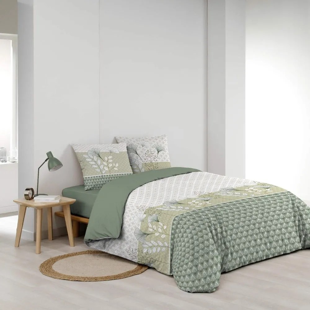 Set copripiumino e federa bianco/verde in cotone per letto matrimoniale ed esteso 240x220 cm Poetine – douceur d'intérieur