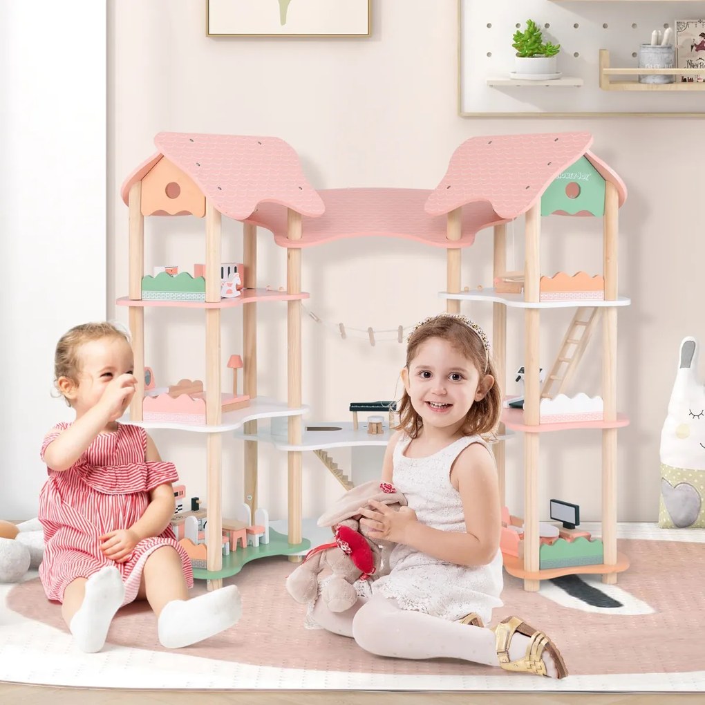 Costway Casa delle bambole in legno per bambini dai 3 agli 8 anni, Casa a 3 piani con 7 stanze e 32 accessori realistici Rosa