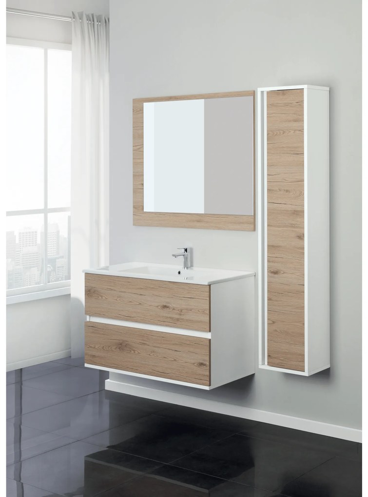 Mobile Bagno Sospeso 90 Cm Due Cassetti Specchio Su Pannello 90x80 Cm Feridras "Fabula" Bianco/Rovere Di Bordeaux