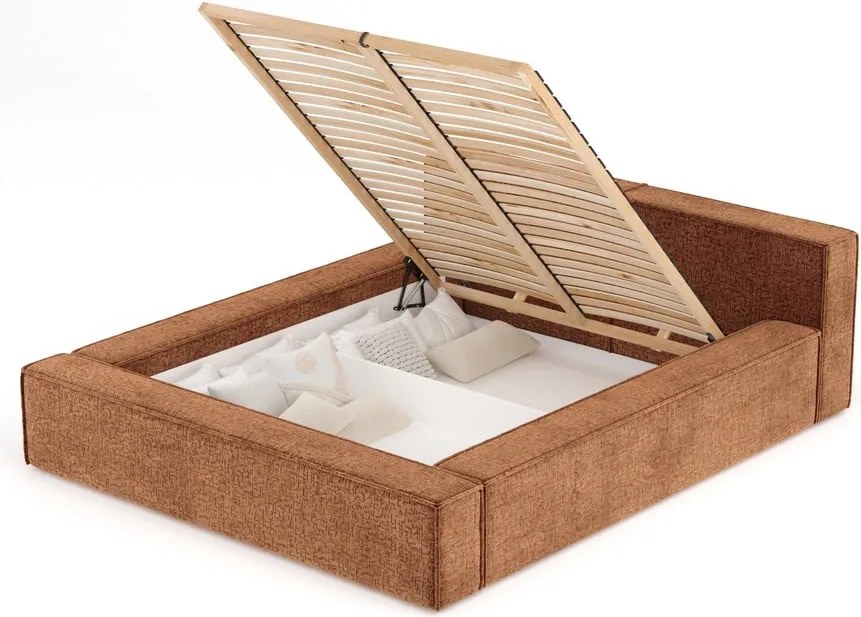 Letto matrimoniale imbottito arancione con contenitore e rete inclusi 140x200 cm Voliera – Maison de Rêve