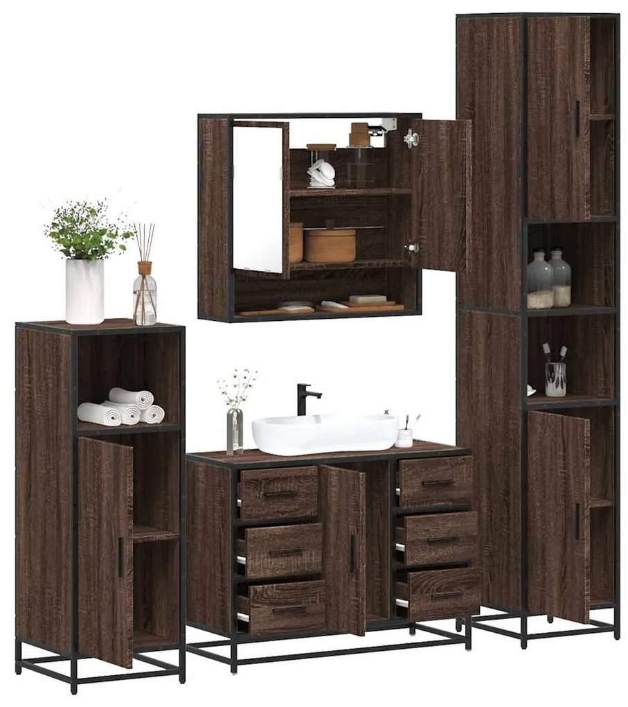 Set Mobili Da Bagno 4 Pz Rovere Marrone İn Legno Multistrato /
