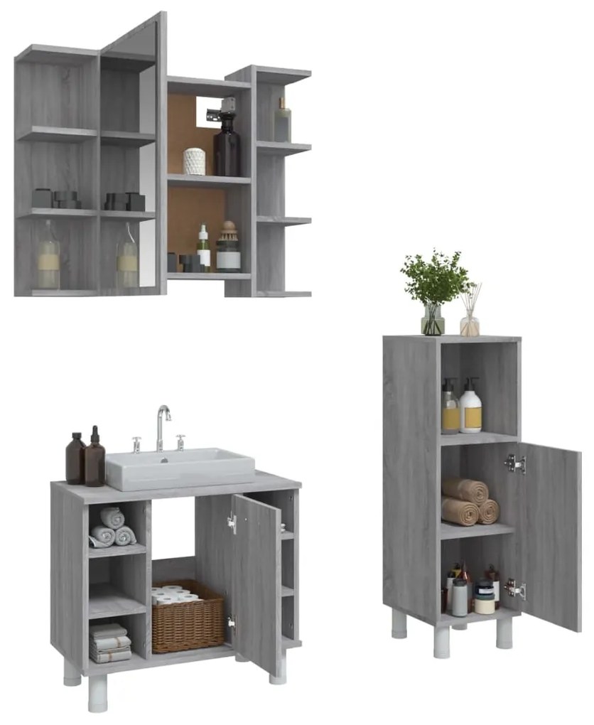 Set mobili da bagno 3 pz grigio sonoma in legno multistrato