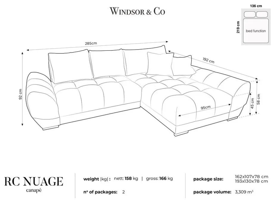 Divano letto angolare verde chiaro con rivestimento in velluto, angolo destro Nuage - Windsor &amp; Co Sofas