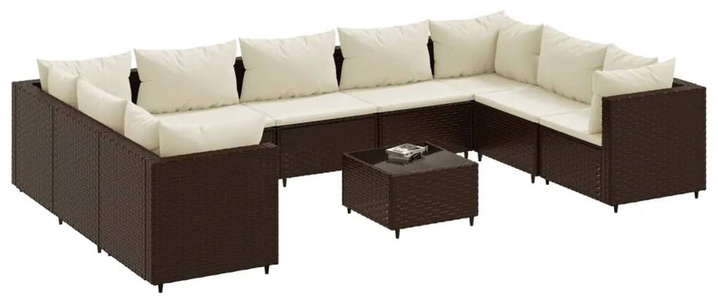 Set divani da giardino 10 pz con cuscini in polyrattan marrone