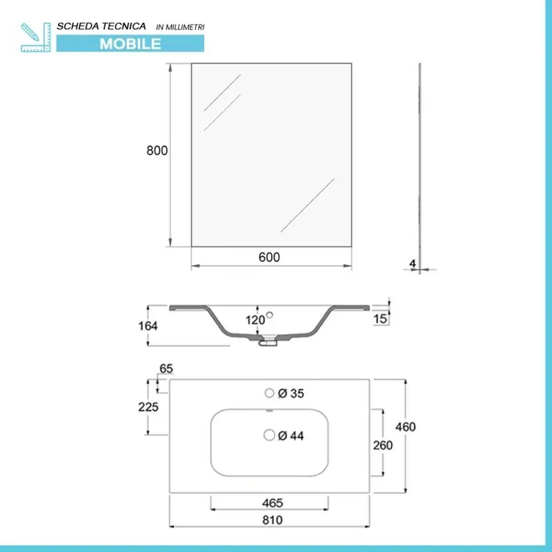 Mobile bagno da terra 80 cm bianco e rovere con top e specchio Brillo