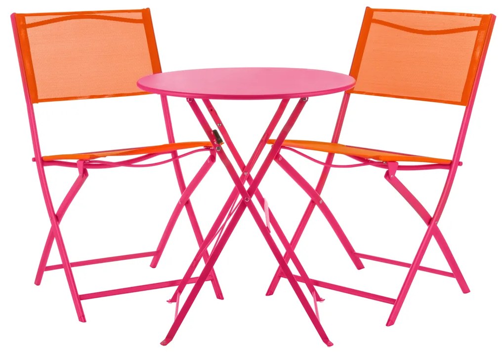 Set tavolo giardino tondo fucsia con 2 sedie arancioni