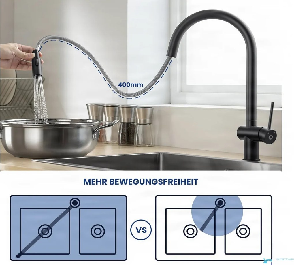 Miscelatore da cucina EYN KL1109 estraibile a due getti — Nero opaco — Bassa pressione - collegamento a 3 tubi (scaldacqua a bassa pressione)