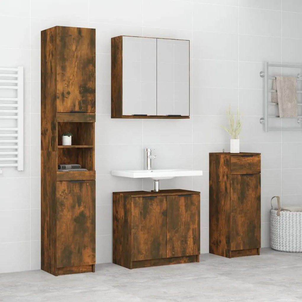 Set mobili da bagno 4 pz rovere fumo in legno multistrato