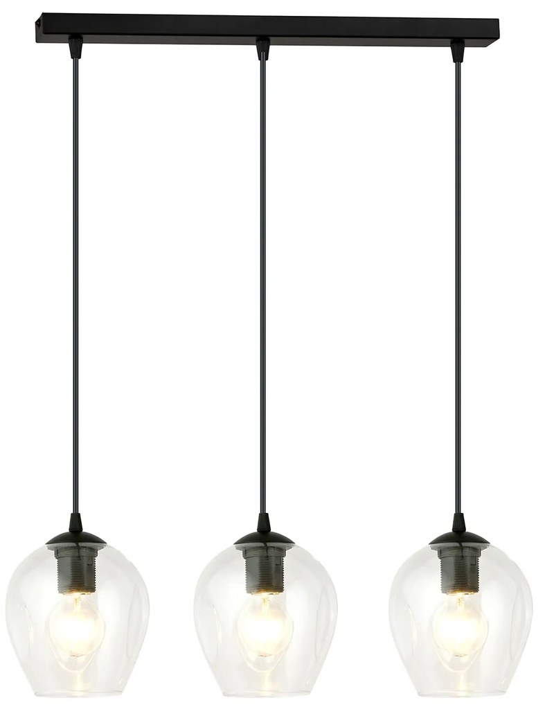 Lampadario 3 Luci Fuxi In Acciaio Nero E Vetri Trasparente