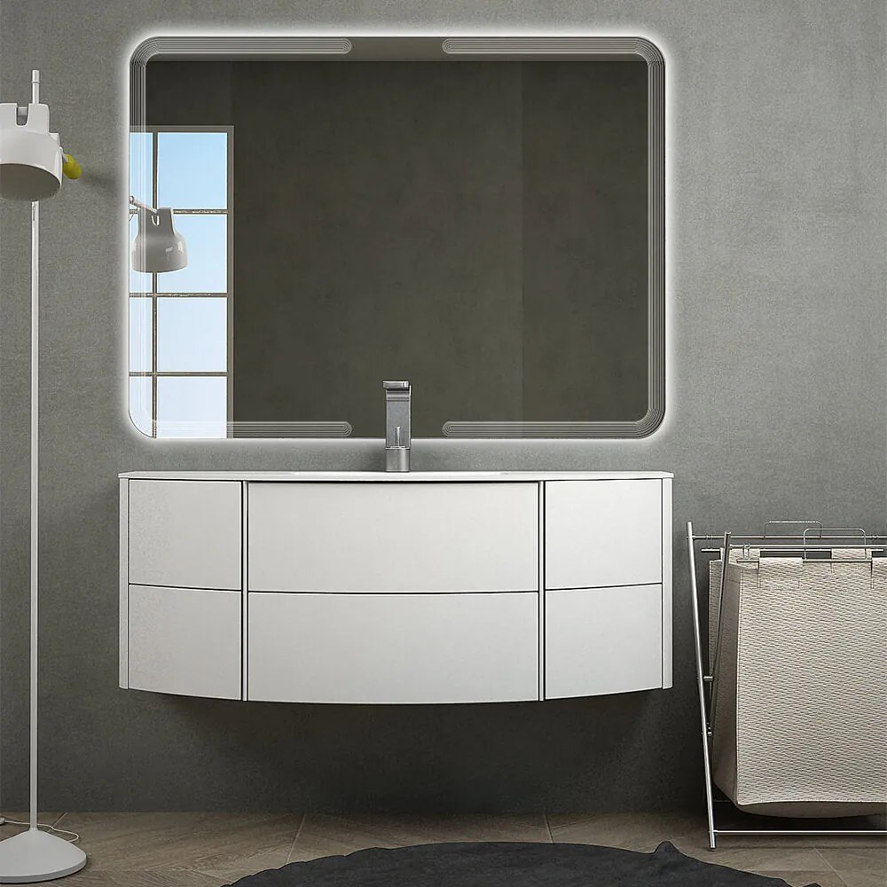 Mobile da bagno sospeso 120 cm bianco opaco Mod. Rio con specchio led