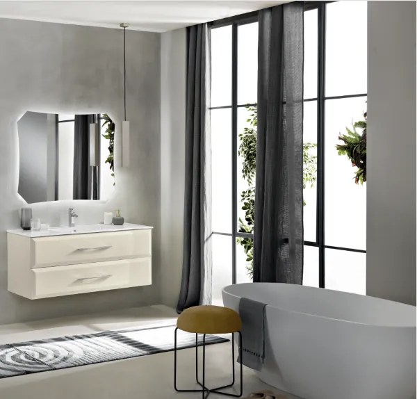Mobile da bagno sospeso moderno base 120 CLEIDE con 2 cassetti e lavabo, AVORIO OPACO