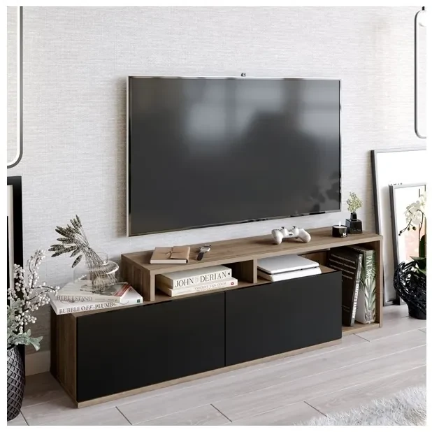 WE Furniture Mobile TV AZ60NOR2DSG – Grigio Ardesia – Stile Mid-Century, Vetro Temperato, Portata Fino A 68 Pollici