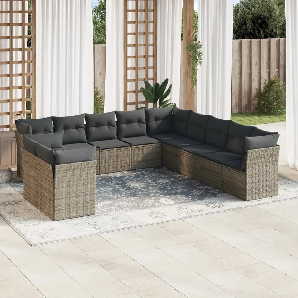 Set divani da giardino 11 pz con cuscini in polyrattan grigio