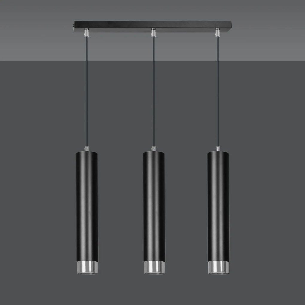 Lampadario 3 Luci Kibo In Acciaio Nero E Tubolari In Nero E Cromo