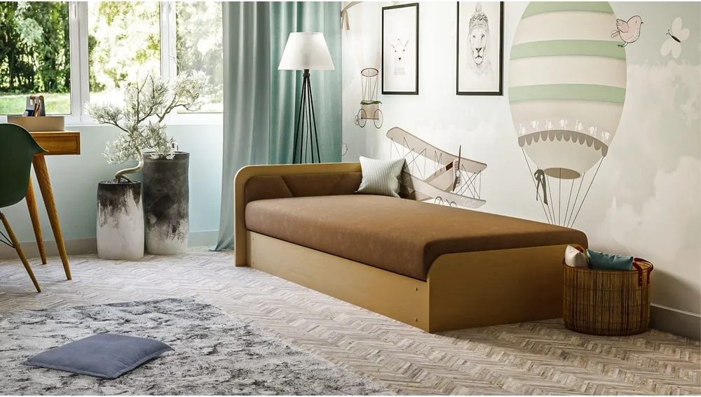Letto singolo imbottito/in truciolato giallo ocra/marrone con contenitore e materasso inclusi 80x190 cm Parys – ELTAP