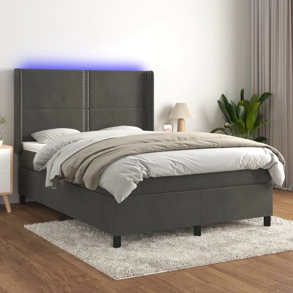 Letto a Molle con Materasso e LED Grigio Scuro 140x200 cm