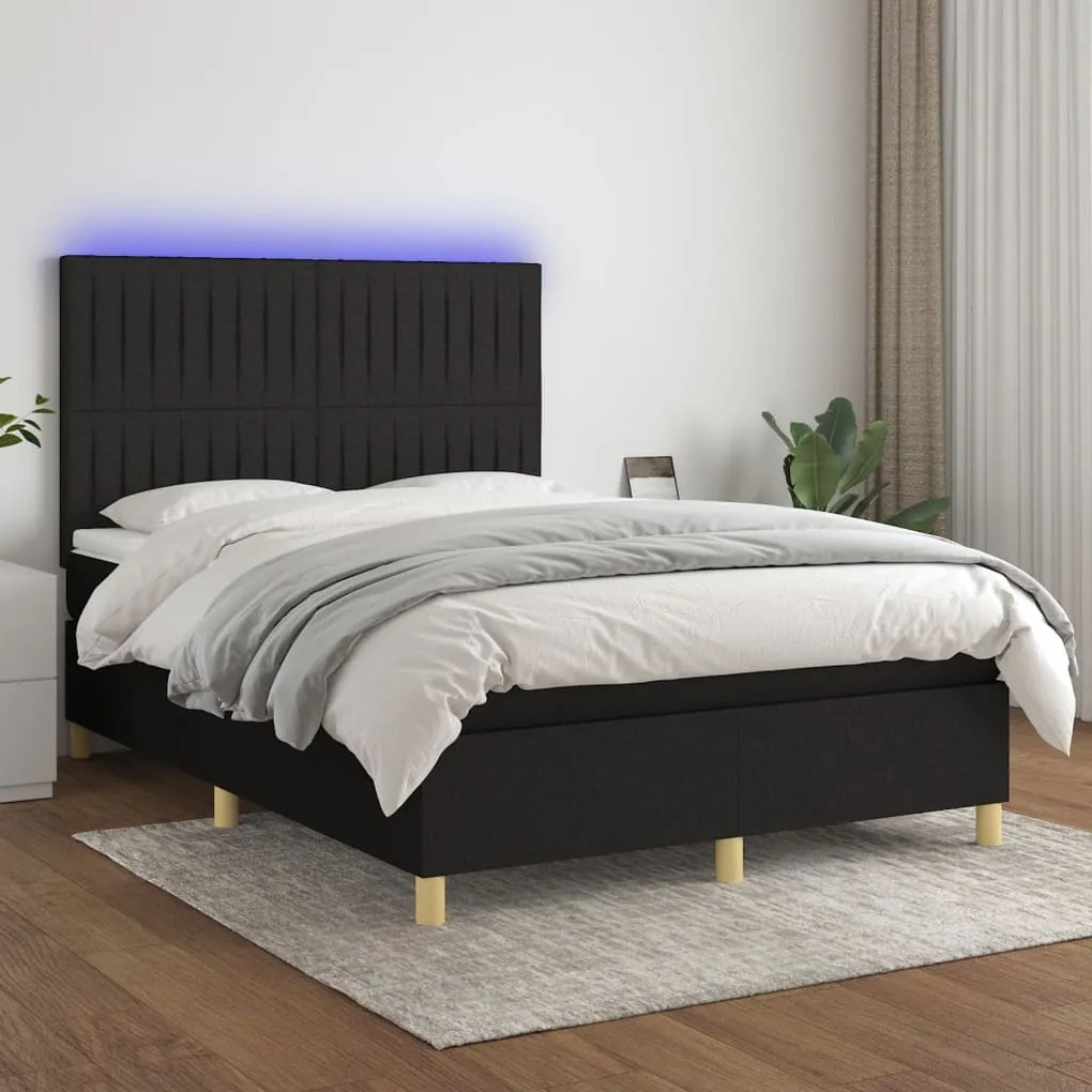 Letto A Molle Con Materasso E Led Nero 140x200 Cm İn Tessuto /