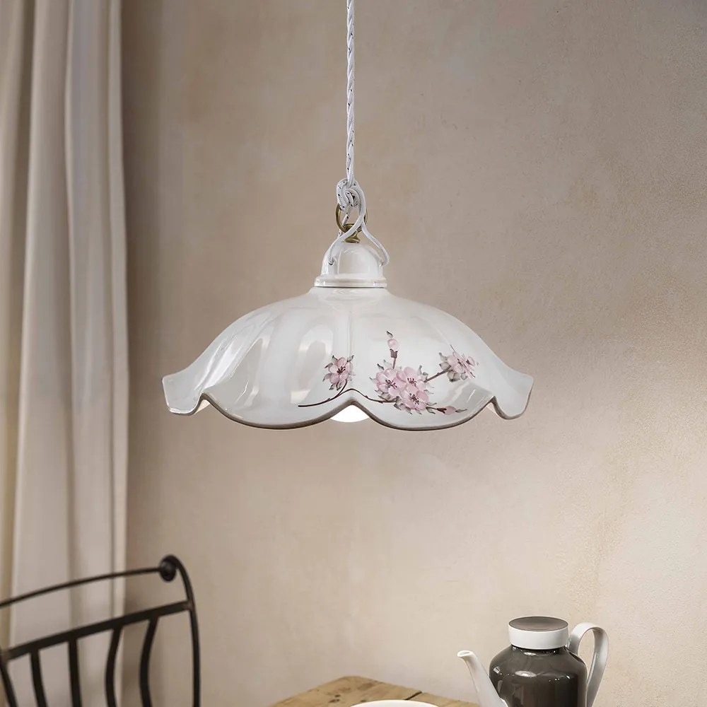 Lampadario Classico Belluno Ceramica E Ottone Satinato Decorato 1 Luce E27