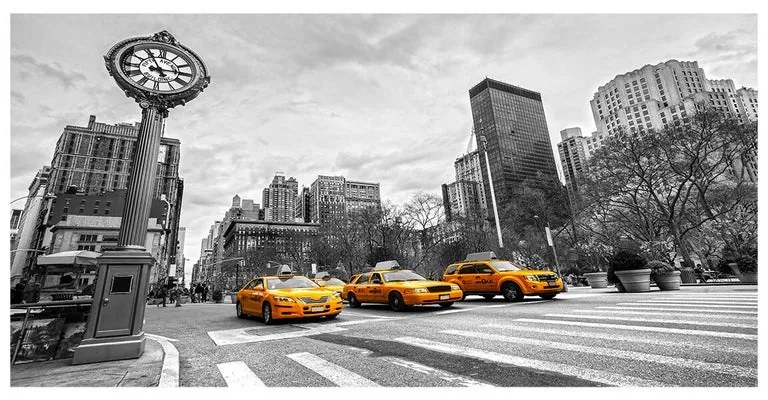 Stampa su tela New York 3taxi gialli sfondo b&w, bianco e nero 140 x 70 cm