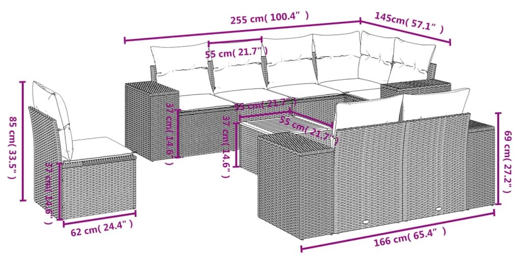 Set divani da giardino 9 pz con cuscini nero in polyrattan