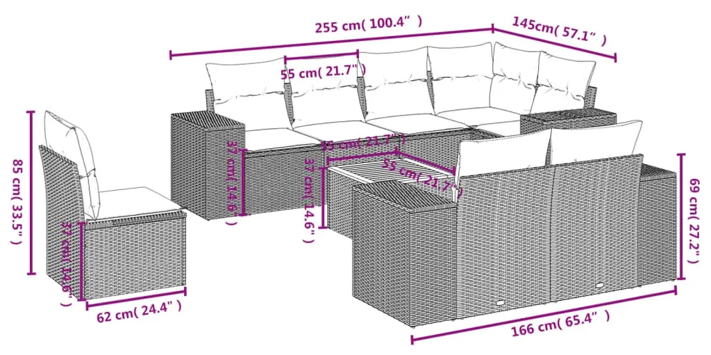 Set divani da giardino 9 pz con cuscini nero in polyrattan
