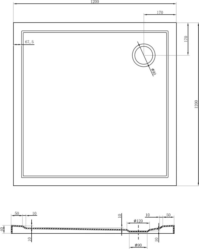 Mexen Flow piatto doccia quadrato slim 120 x 120 cm, nero opaco - 46S701212