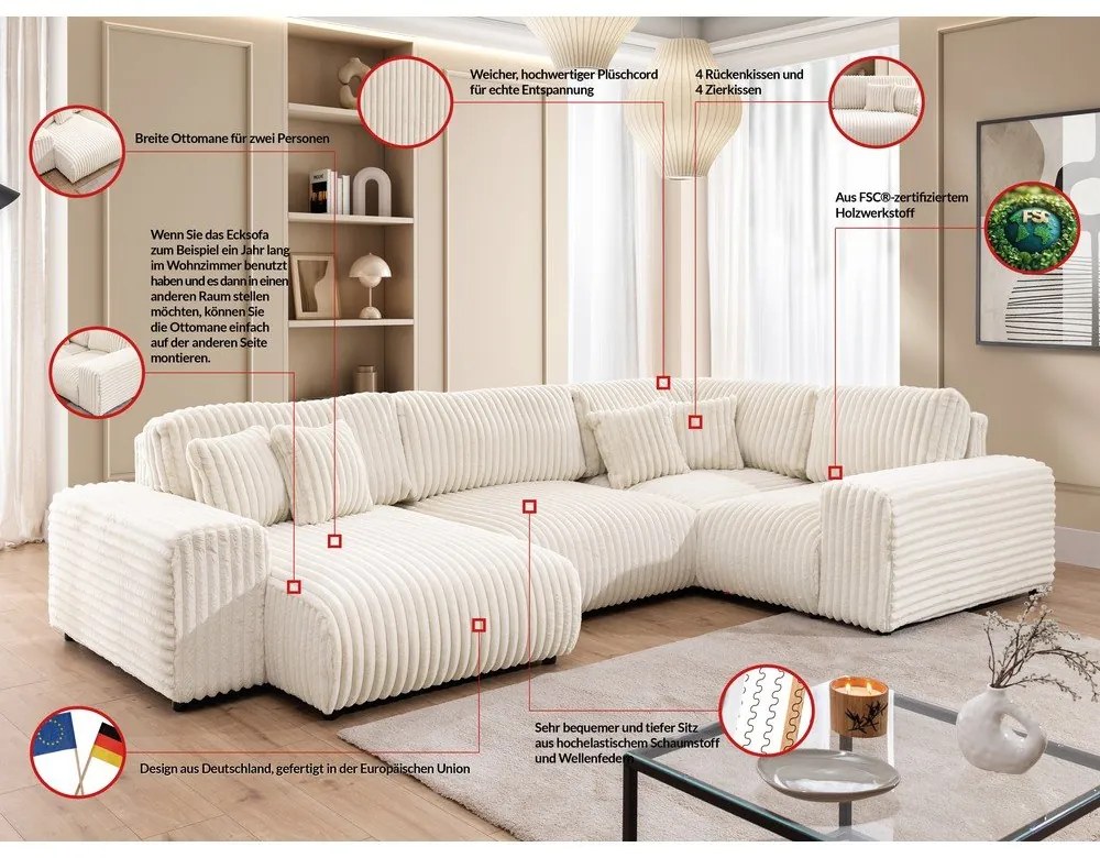 Divano angolare color crema (con penisola a destra/a U) rivestito in velluto a coste Justin – Ropez