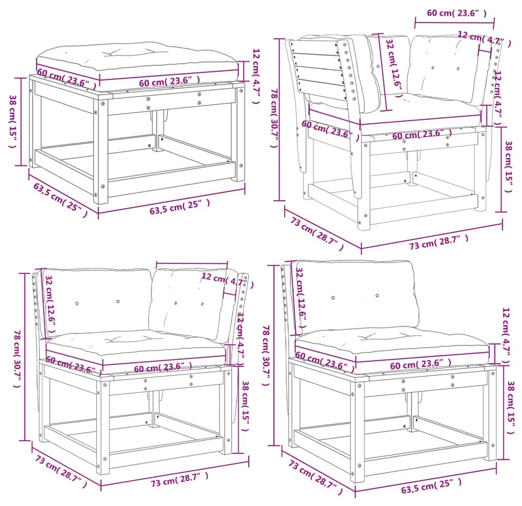 Set Divani Giardino 6 pz con Cuscini in Legno Massello di Pino